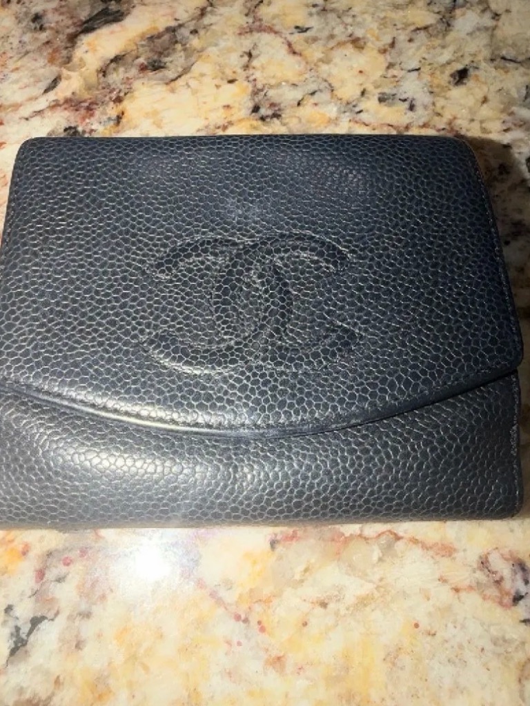 Chanel Black Pebbled Caviar Leather Compact Wallet With Embossed Cc